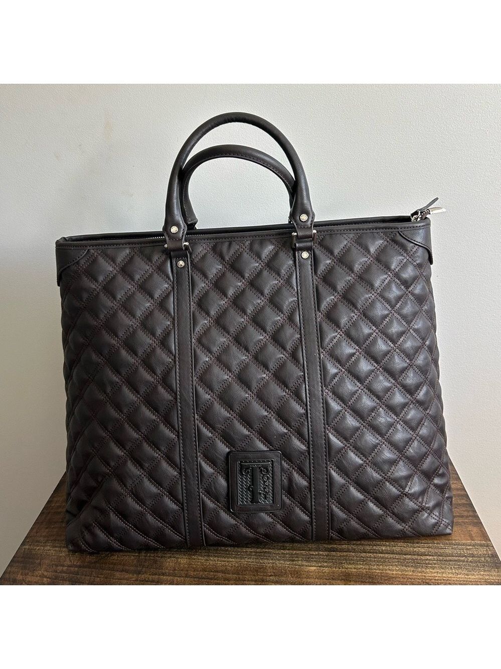 Silvio Tossi Quilted Brown Leather Large Tote Bag.